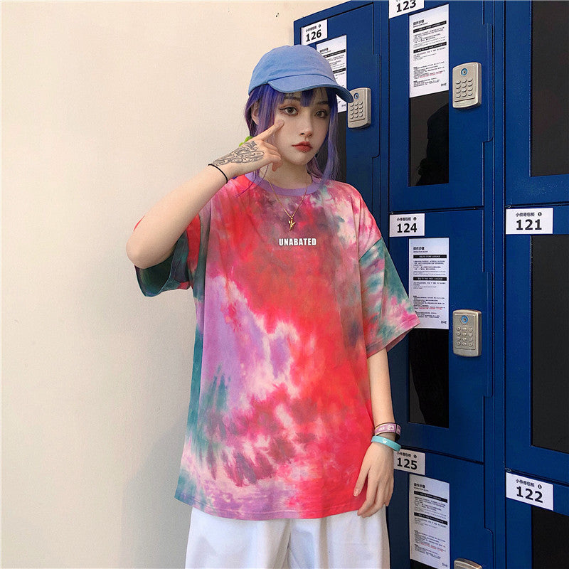 Cute Tie Dyed Hip Hop Casual Punk Goth Loose Oversized Short Sleeve Shirt Tee T-shirt E-Girl Kawaii Korean Japanese Harajuku Chinese Retro Streetwear
