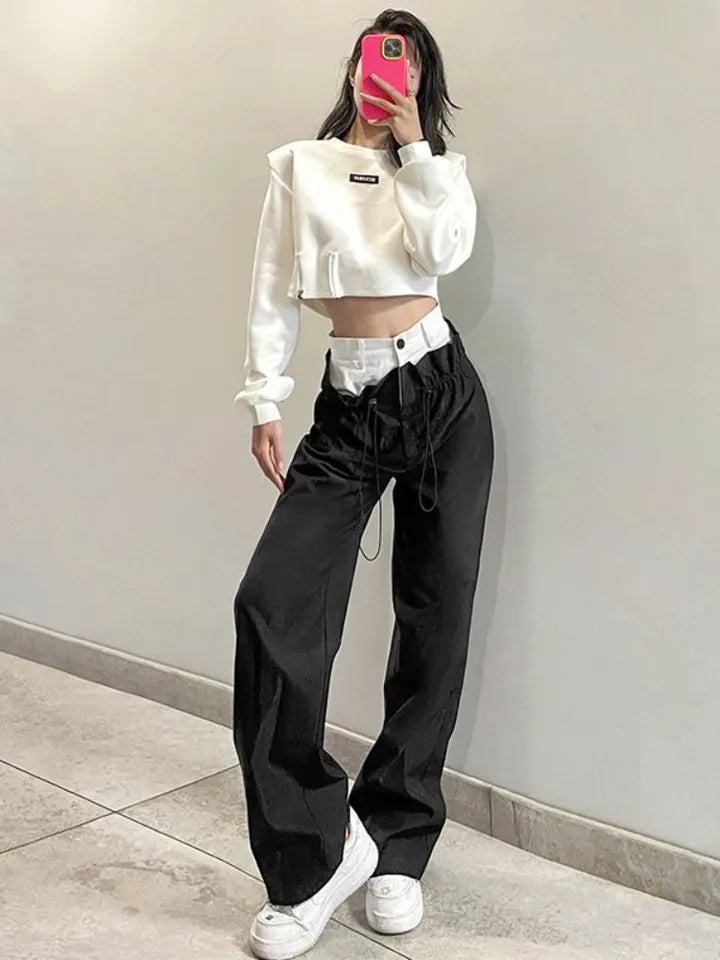 Patchwork High Waist Wide Leg Cargo Pants