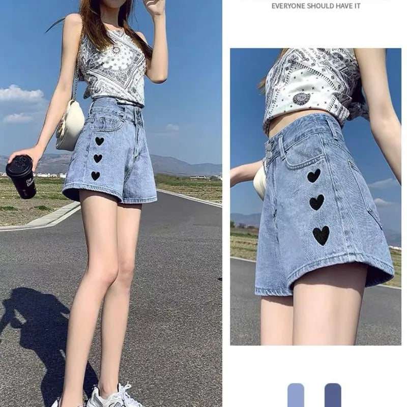 Heart Embroidery Denim Shorts
