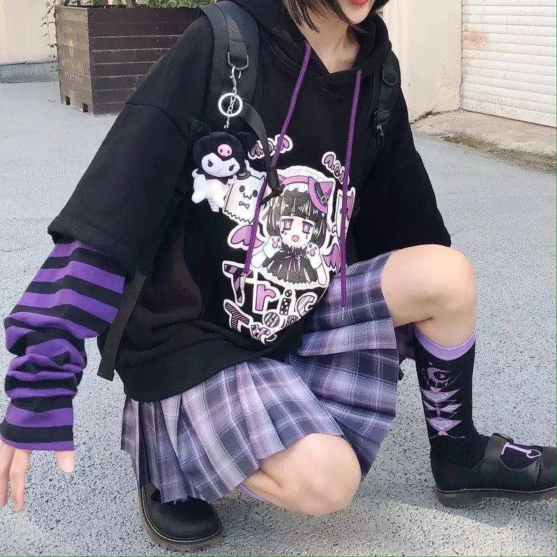 Anime Girl Cartoon Casual Stripe Loose Oversized Hoodie Sweater Sweatshirt Long Sleeve Pullover E-Girl Kawaii Korean Japanese Harajuku Streetwear