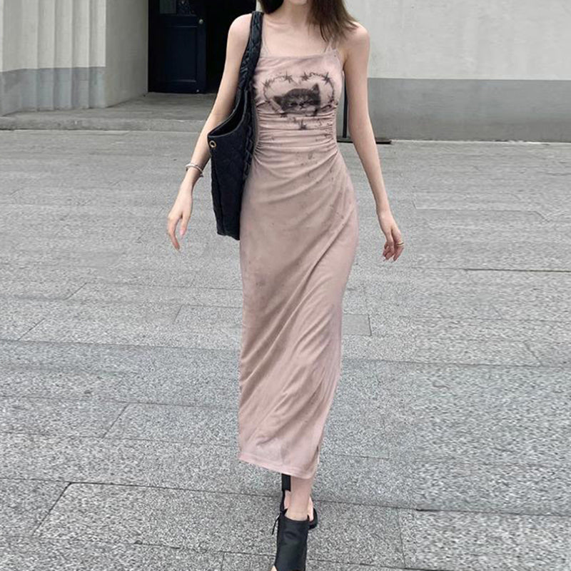 Cat Graphic Print Split Long Dress