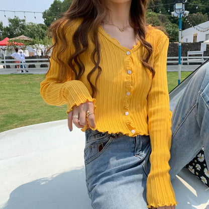 Cute V Neck Knit Casual Thin Sweater Cardigan Shirt Tee T-shirt E-Girl Kawaii Korean Japanese Harajuku Chinese Retro Streetwear