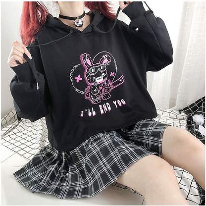 Rabbit Punk Print Hollow Out Hoodie