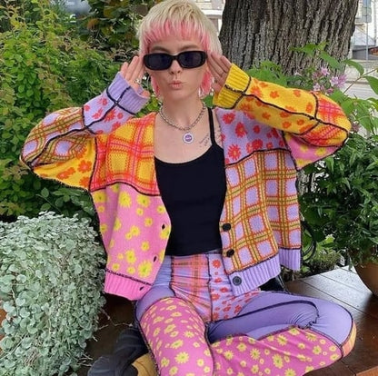 Funky Colorful Pattern Sweater Cardigan