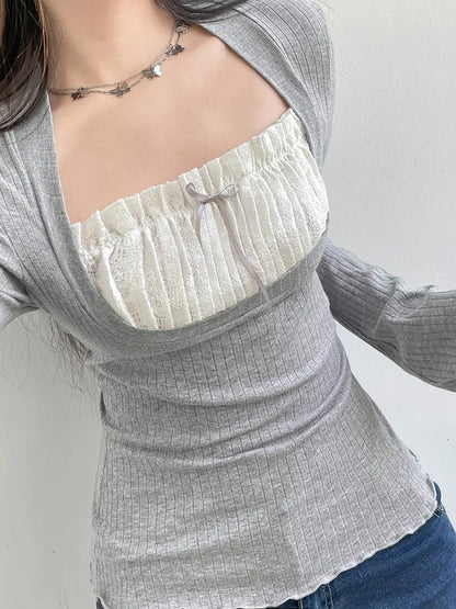 2PCS Milkmaid Patchwork Long Sleeve T-shirt