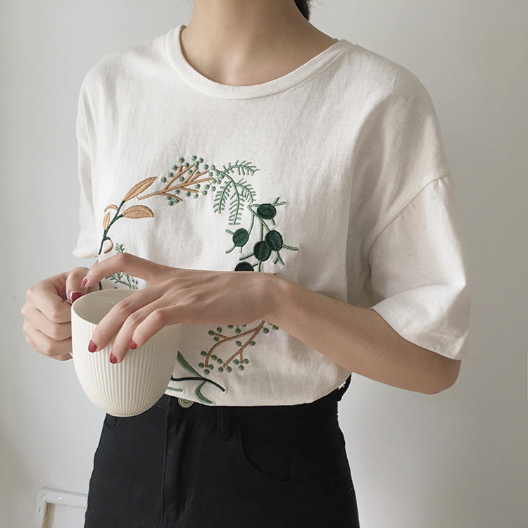 Cute Flower Plant Print Embroidery Shirt T-shirt Tee Top Kawaii Korean Japanese Harajuku Chinese Retro Streetwear Aesthetic Fashion