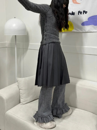 Grey Pleated Layer Knit Pants