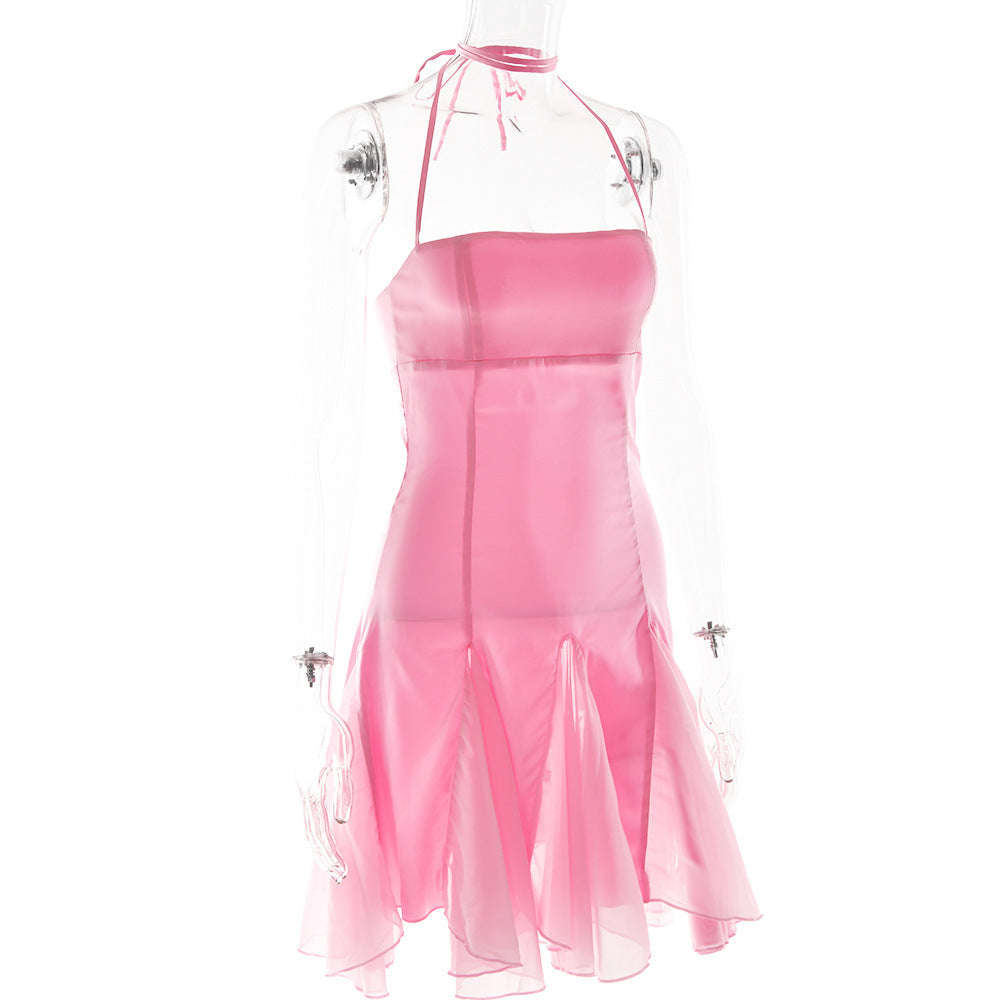 Pink Satin Halter Tie Mini Dress