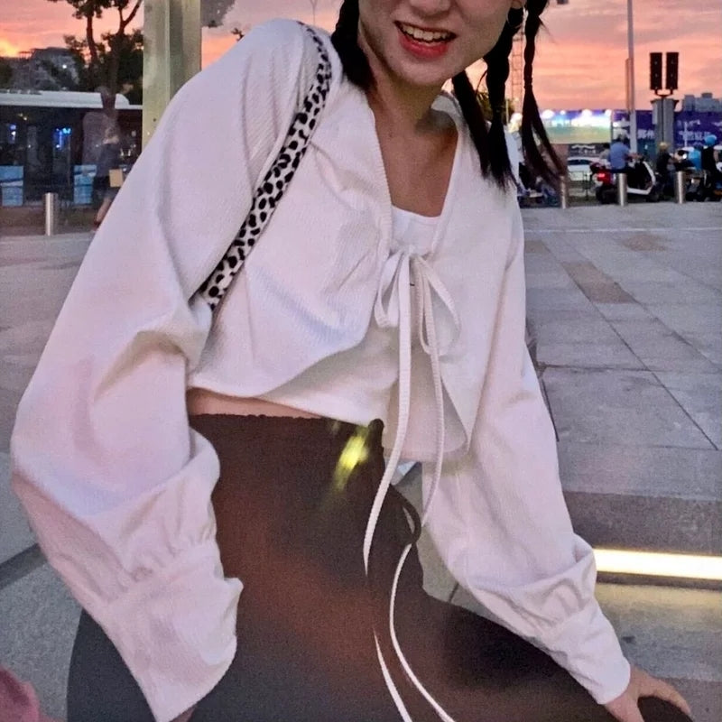Cute Sweet White Lace Up Loose Cropped Long Sleeve Shirt Cardigan Pullover Aesthetic Casual Summer E-Girl Kawaii Korean Japanese Harajuku