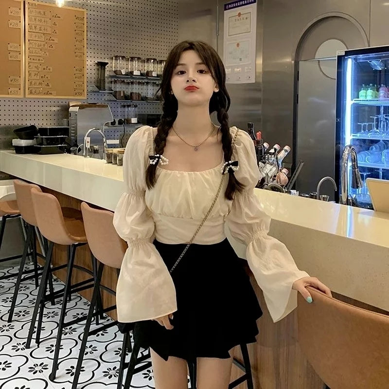 Cute Pink Back Puff Sleeve French Bow Bandage Long Sleeve Shirt Blouse Crop Top Square Neck Aesthetic Casual E-Girl Kawaii Korean Japanese Harajuku