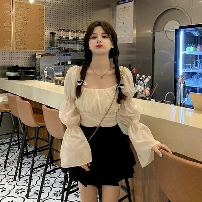 Cute Pink Back Puff Sleeve French Bow Bandage Long Sleeve Shirt Blouse Crop Top Square Neck Aesthetic Casual E-Girl Kawaii Korean Japanese Harajuku