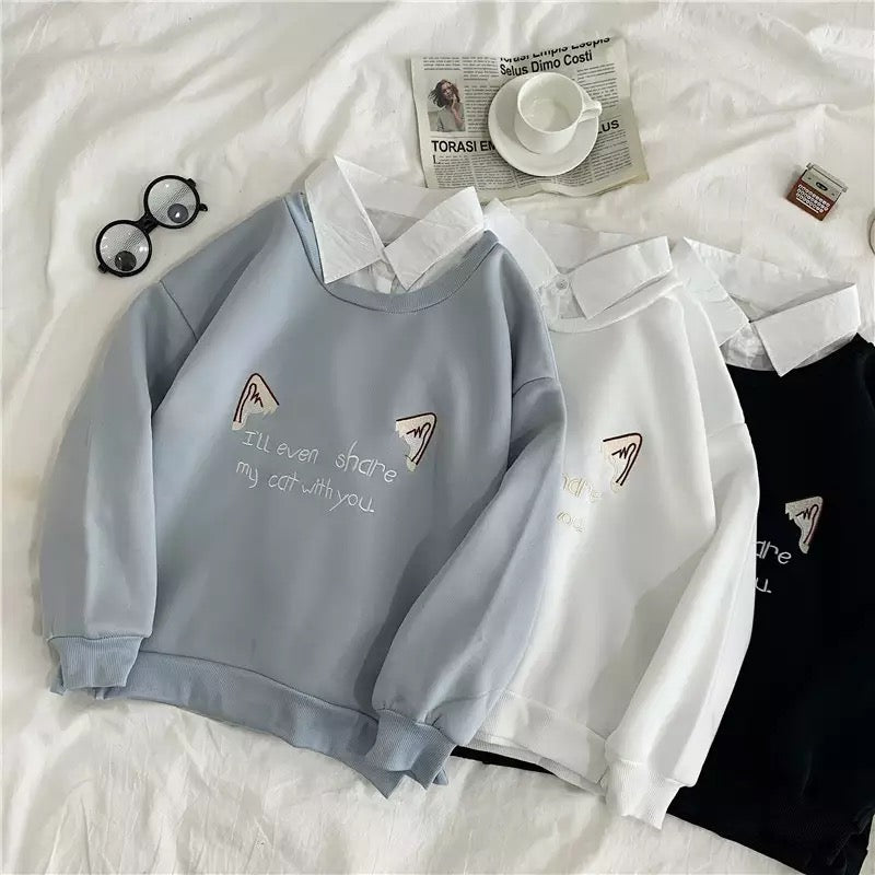 Cute Cat Kitten Print Polo Collar 2 Pcs Sweatshirt Sweater Pullover Jumper Long Sleeve Shirt Casual E-Girl Kawaii Korean Japanese Harajuku Streetwear