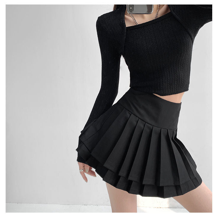 Preppy Double Pleated High Waisted Mini Skirt Aesthetic Casual E-Girl Kawaii Korean Japanese Harajuku