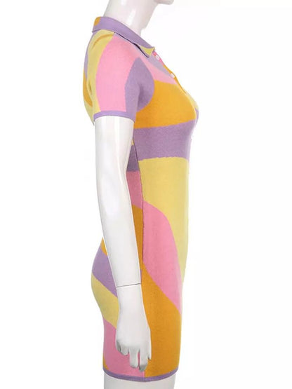 Abstract Colorful Patchwork Print Button Up Short Sleeve Romper Bodycon Bodysuit Summer Aesthetic Casual E-Girl Kawaii Korean Japanese Harajuku