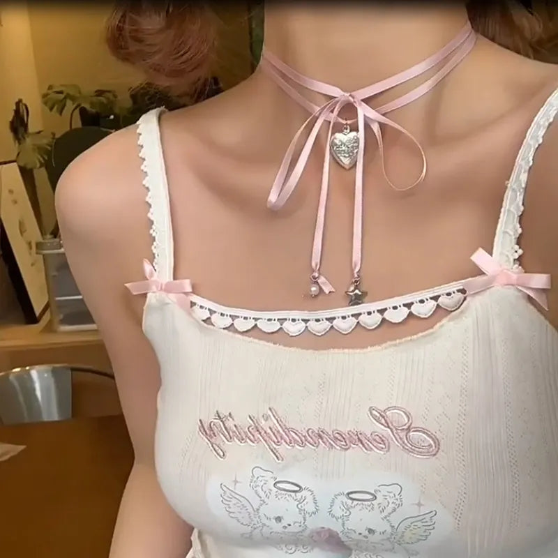 Pink Heart Pendant Rope Tied Necklace
