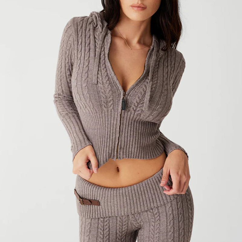 2PCS Twist Knit Hooded Zipper Sweater + Shorts