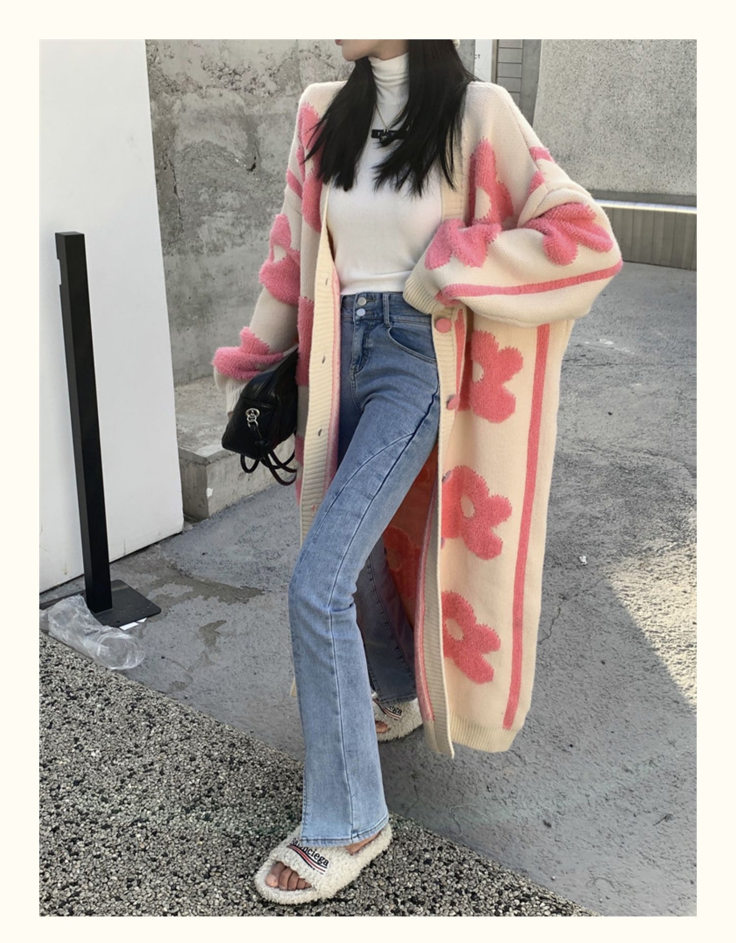 Pink Flower Oversized Knit Cardigan