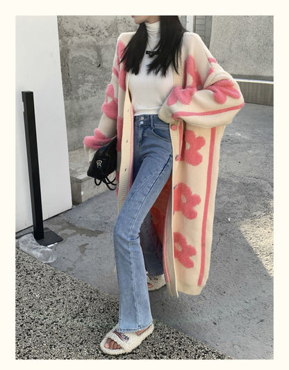 Pink Flower Oversized Knit Cardigan