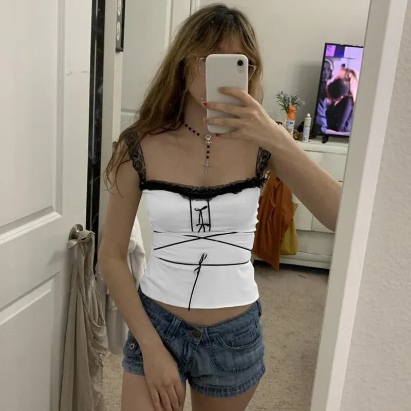 Lace Shoulder Bow Tank Top
