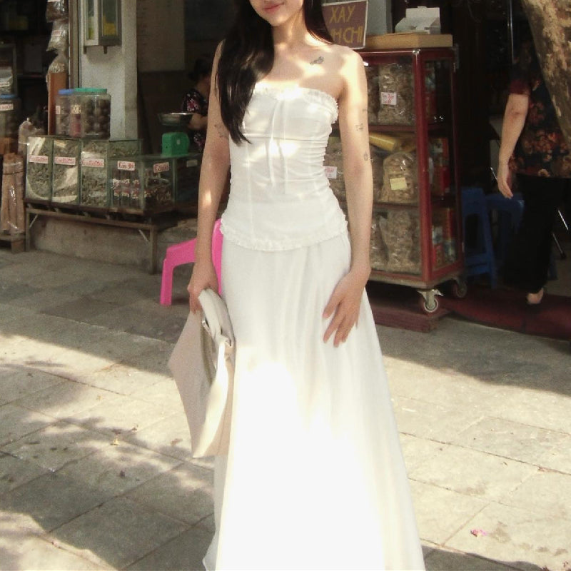 2PCS White Strapless Lace Ruffle Top + Long Skirt Set