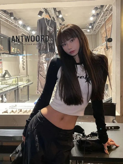 Black & White Angel Patchwork Long Sleeve Crop Top