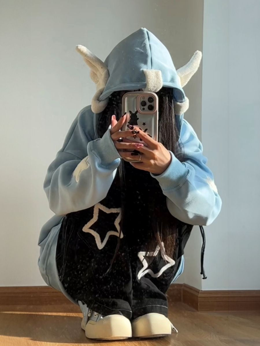Blue Fairy Wing Horns Zipper Hoodie