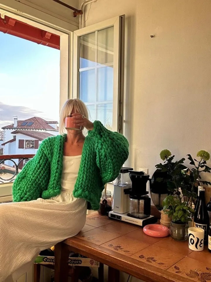 Green Oversized Lantern Sleeve Cardigan