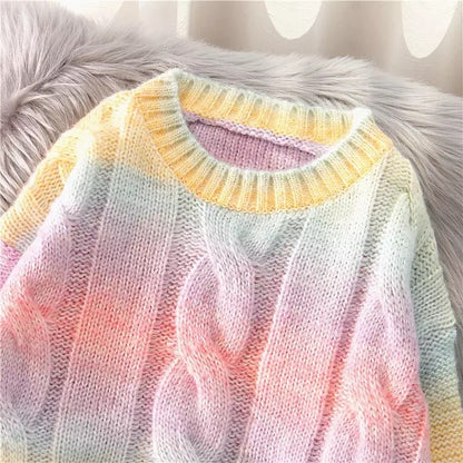 Pastel Rainbow Tie Dye Stripe Loose Oversize Knit Long Sleeve Sweatshirt Sweater Pullover Jumper E-Girl Kawaii Korean Japanese Harajuku Streetwear