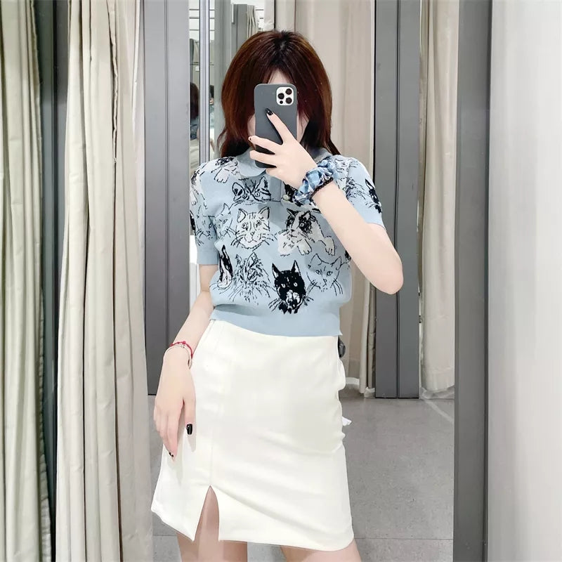 Blue Cat Knit Short Sleeve Shirt
