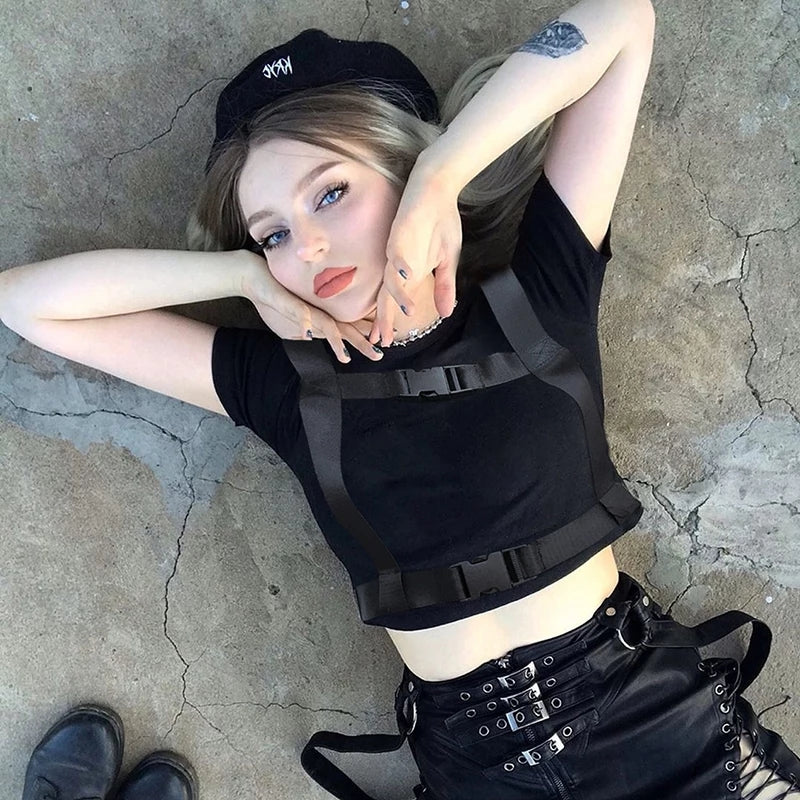 Cute Black Buckle Hollow Out Turtleneck Crop Top Long Sleeve Shirt Punk Goth Summer Aesthetic Casual E-Girl Kawaii Korean Japanese Harajuku