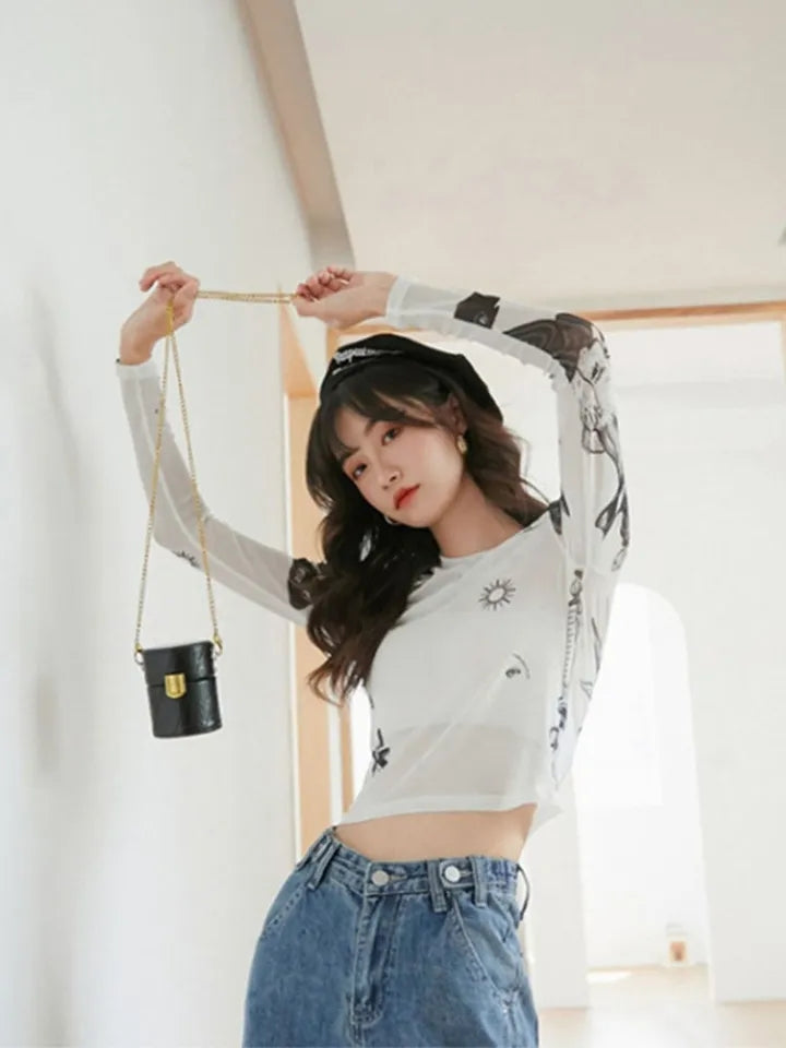 White Sun Mesh Transparent Long Sleeve Shirt