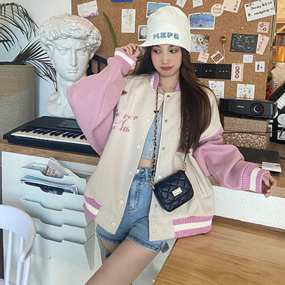 Pink Patchwork Oversized Varsity Jacket