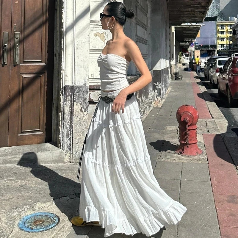 2PCS Strapless Tank Top + Pleated Long Skirt