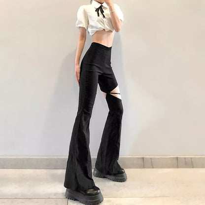 Cute Sexy Black High Waist Flare Trousers Cut Out Hollow Pants Summer Aesthetic Casual E-Girl Kawaii Korean Japanese Harajuku