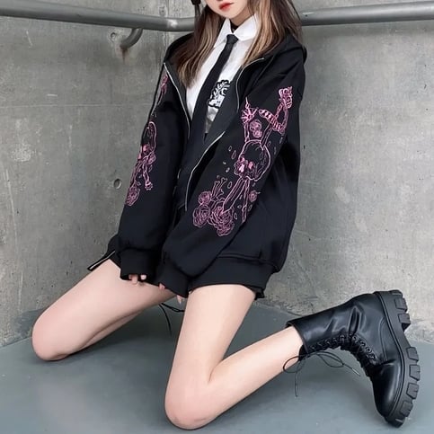 Black Skull Sword Print Zip Up Hoodie