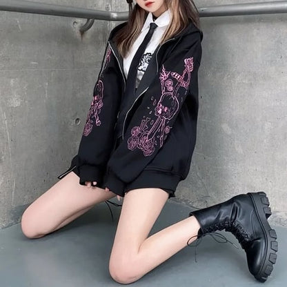 Black Skull Sword Print Zip Up Hoodie