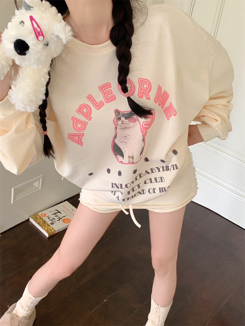 Cat Question Mark Graphic Print Loose Sweatshirt