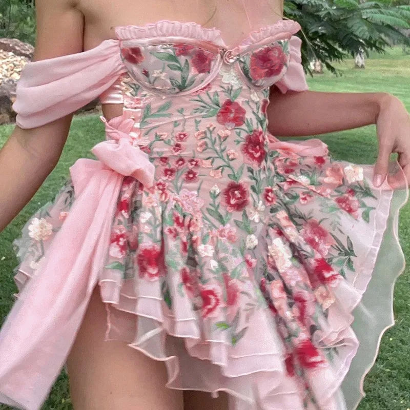 Pink Rose Lace Up Mini Dress