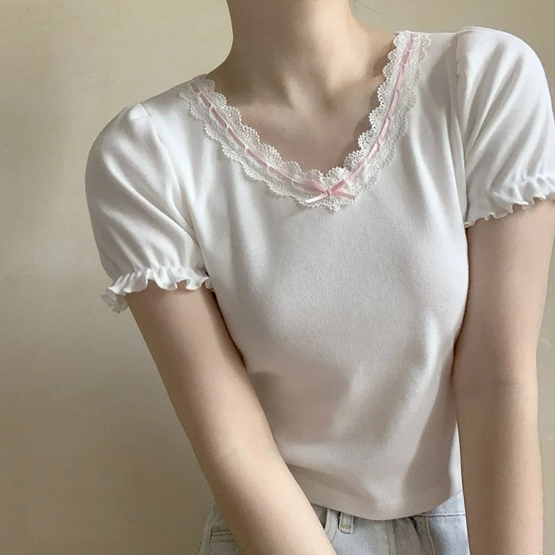 Lace Trim Bow V Neck Puff Short Sleeve Shirt
