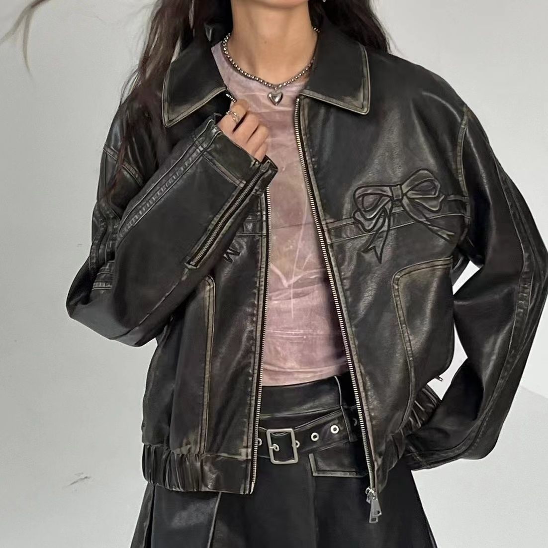 Bow Knot PU Leather Bomber Jacket