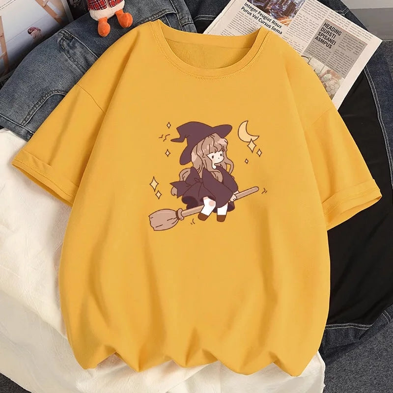 Cute Witch Anime Girl Cresent Moon Print Oversized Short Sleeve Shirt Summer Aesthetic Casual E-Girl Kawaii Korean Japanese Harajuku