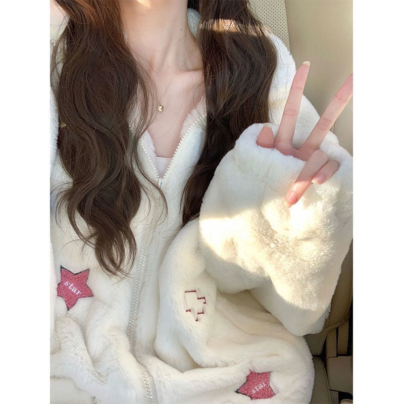 White Embroidery Zip Up Fluffy Fleece Jacket
