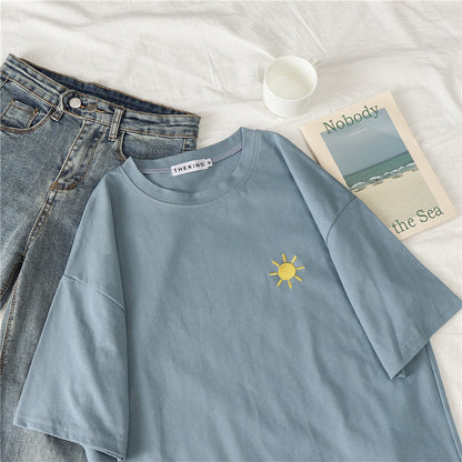 Cute Casual Cartoon Moon Sun Star Cloud Embroidery Loose T-shirt Short Sleeve Tee Shirt Top E-Girl Kawaii Korean Japanese Harajuku Retro Streetwear