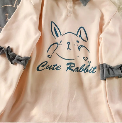 Cute Bunny Rabbit Graphic Vintage Collar Long Sleeve T- Shirt Sweatshirt Aesthetic Casual E-Girl Kawaii Korean Japanese Harajuku
