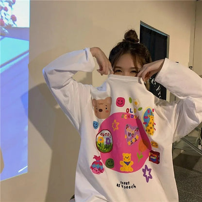 White Retro Cartoon Print Sweater