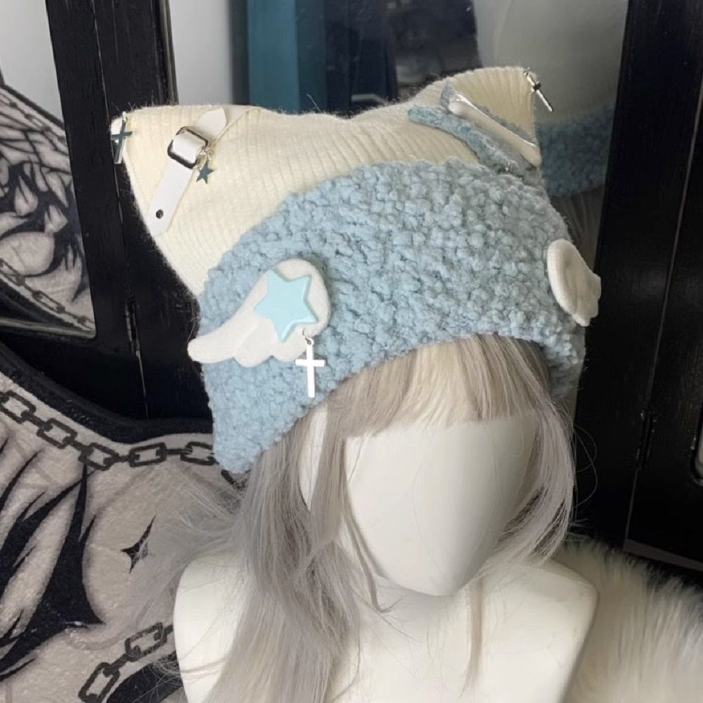 Blue Knit Star Cat Ears Hat