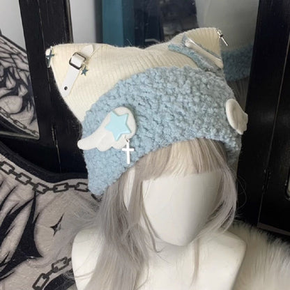 Blue Knit Star Cat Ears Hat