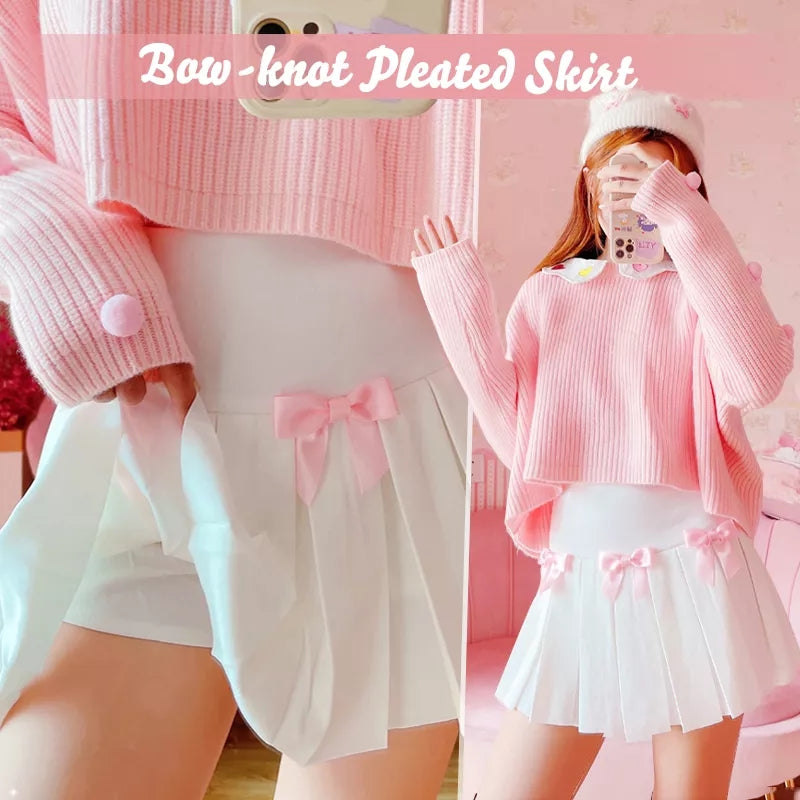 White Flare Pink Bow Pleated Tennis Skirt