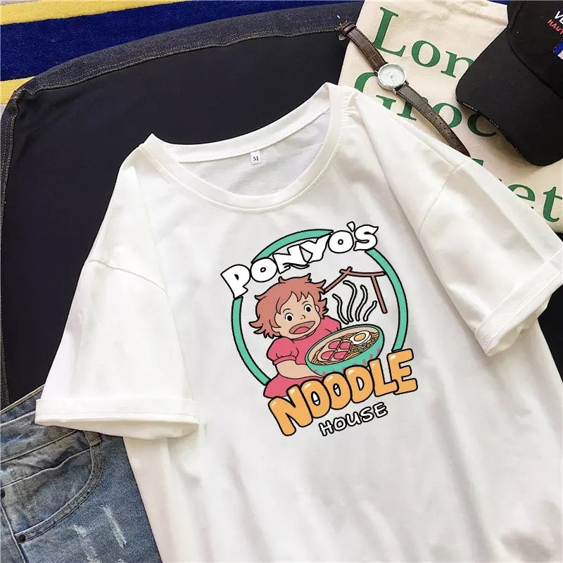 Vintage Anime Ramen Noodle Cartoon Print Loose White Short Sleeve Short T-shirt Top Causal Summer E-Girl Kawaii Korean Japanese Harajuku Streetwear