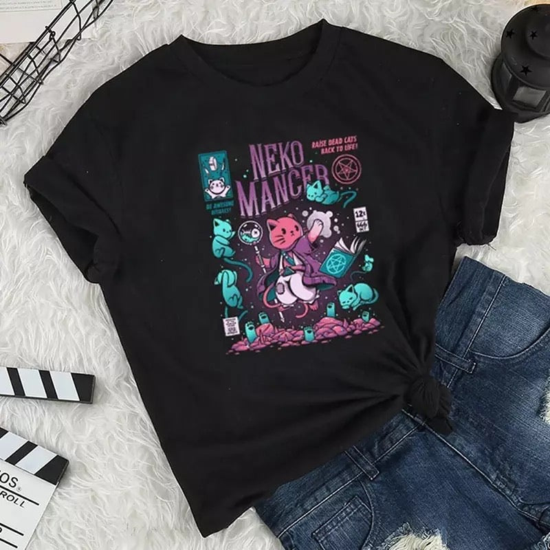 Cute Cat Kitten Neko Cartoon Print Goth Funny Short Sleeve Shirt Tee T-shirt E-Girl Kawaii Korean Japanese Harajuku Chinese Retro Streetwear Aesthetic